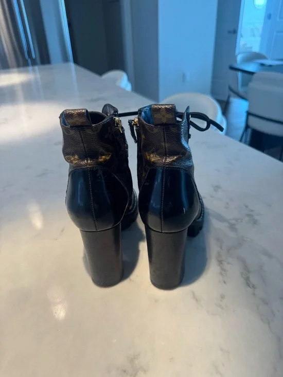 Louis Vuitton Monogram Lace-Up Chunky Heel Ankle Boots - Brown/Black - Picture 2 of 4